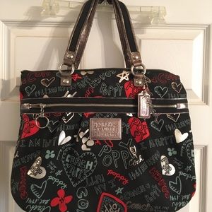 Coach Poppy Black Graffiti Hearts Glam Tote Purse Bag